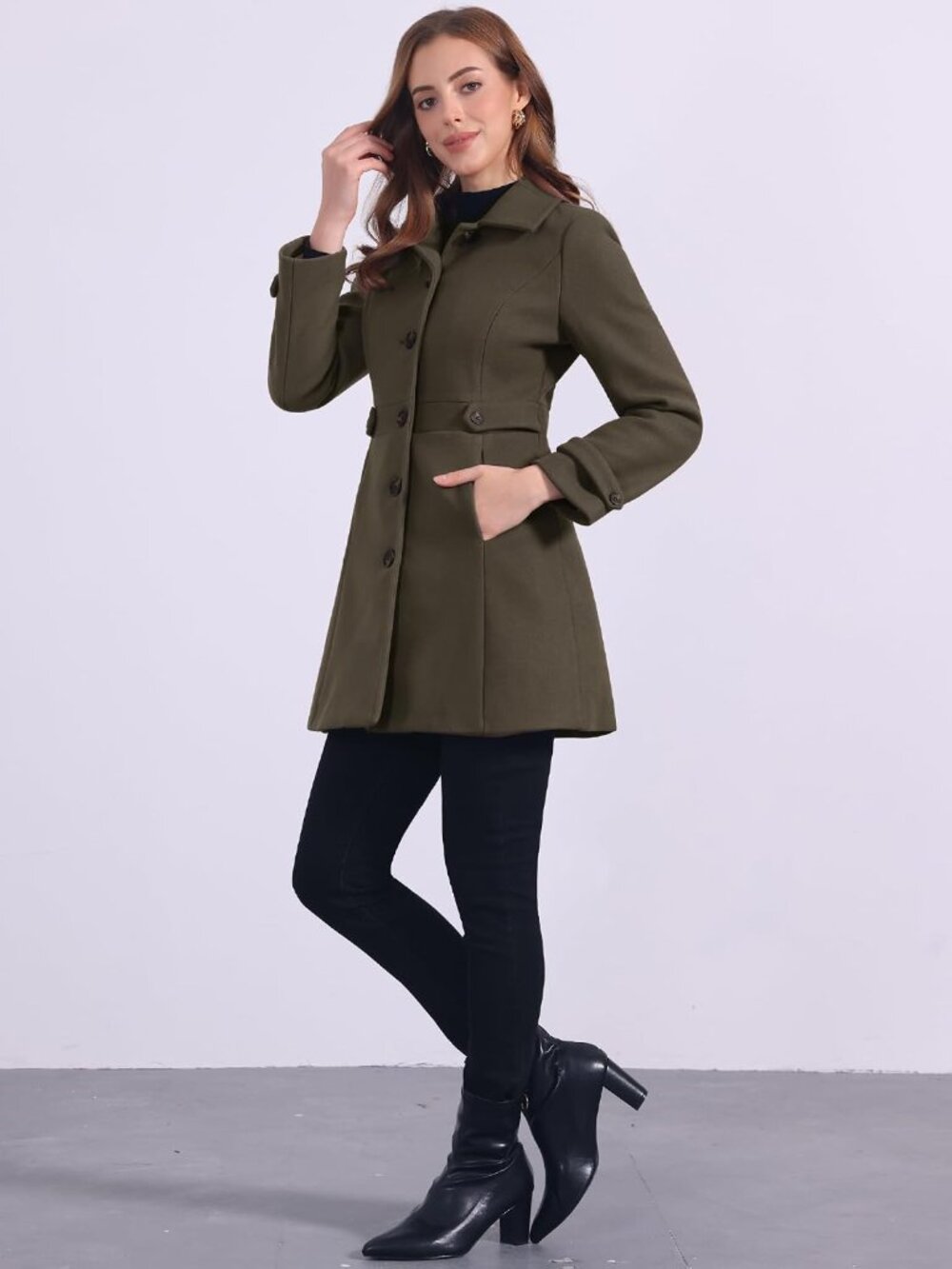 Women's Coffee 100% Polyester Single Breasted Fully Lined Mid-Length Pea Coat - Picture 3 of 5